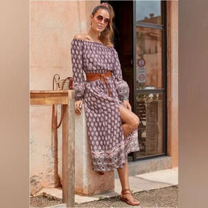 VENUS Lascana Paisley Printed Maxi Dress Long Sleeve Off Shoulder Purple Sz 2